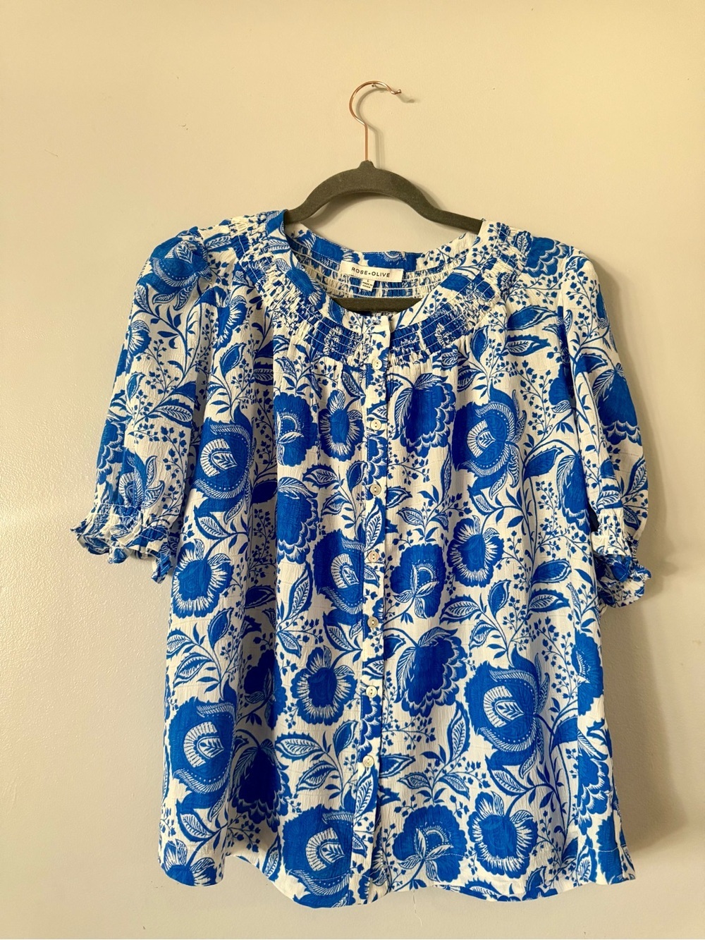 Rose + Olive Blue White Floral Smocked Button-Up Blouse